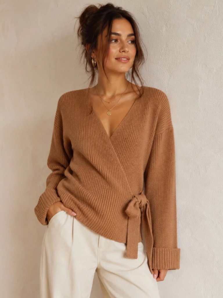 Free People Camel Ribbed Wrap Cardigan With Side Tie Size M